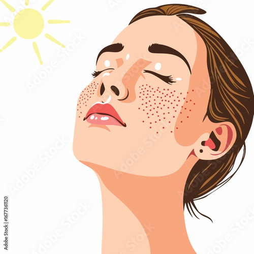A person with freckles, their face tilted up to the sun, eyes closed. Flat vector illustration, celebrating natural beauty.
