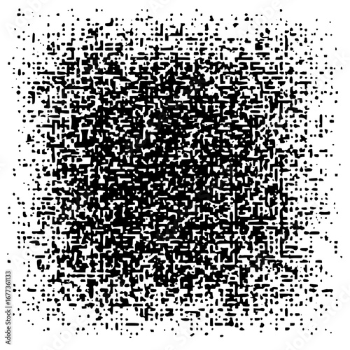 Dense arrangement of black shapes forming a textured square pattern on a white background with variations