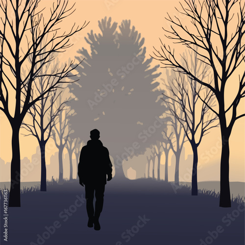Person walking down a misty lane with bare trees at dusk