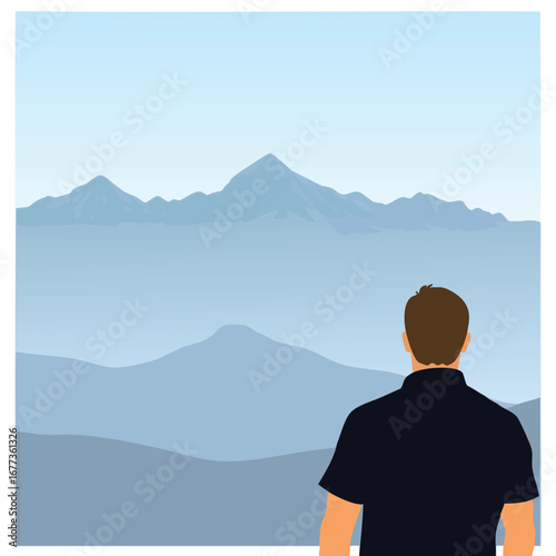 A man, seen from behind, looking at a vast, minimalist mountain range that fades into the distance. Flat vector illustration.