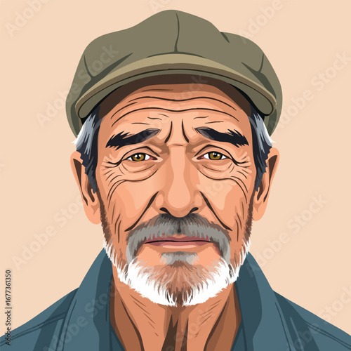 A man with a kind, weathered face, wearing a simple cap, a peaceful look in his eyes. Flat vector portrait.
