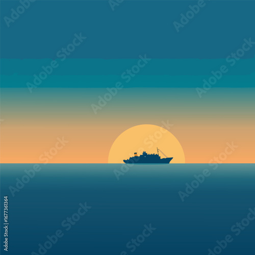 A man looking at a single ship on a minimalist horizon. Flat vector design, symbolizing journeys and possibilities.
