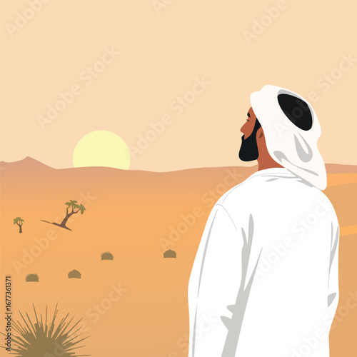 A man in a simple white thawb, looking peacefully out at a stylized desert landscape at dawn. Flat vector illustration.