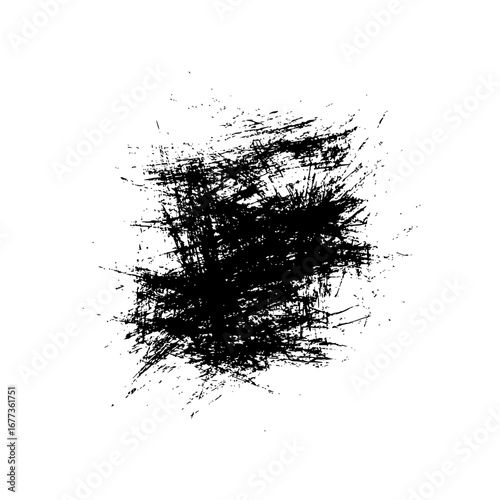 Abstract black ink splatter with chaotic lines and textures on a white background creating a grungy effect