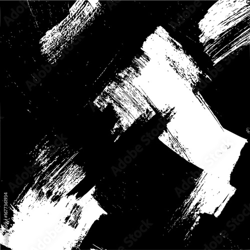 Abstract black and white painting with broad brushstrokes creating a dynamic and textured surface area