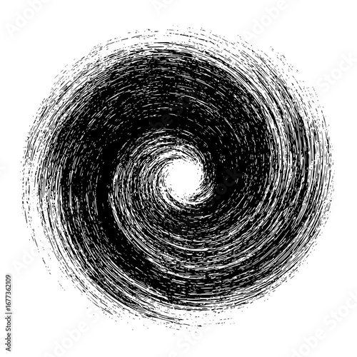 A black and white circular vortex pattern with a central white hole and textured brushstroke lines spiral