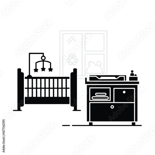 Photo of a nursery room with a crib and changing table, ready for a baby