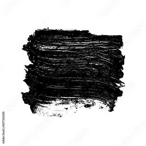 Black rectangular paint stroke with horizontal lines and rough edges on a white background art piece