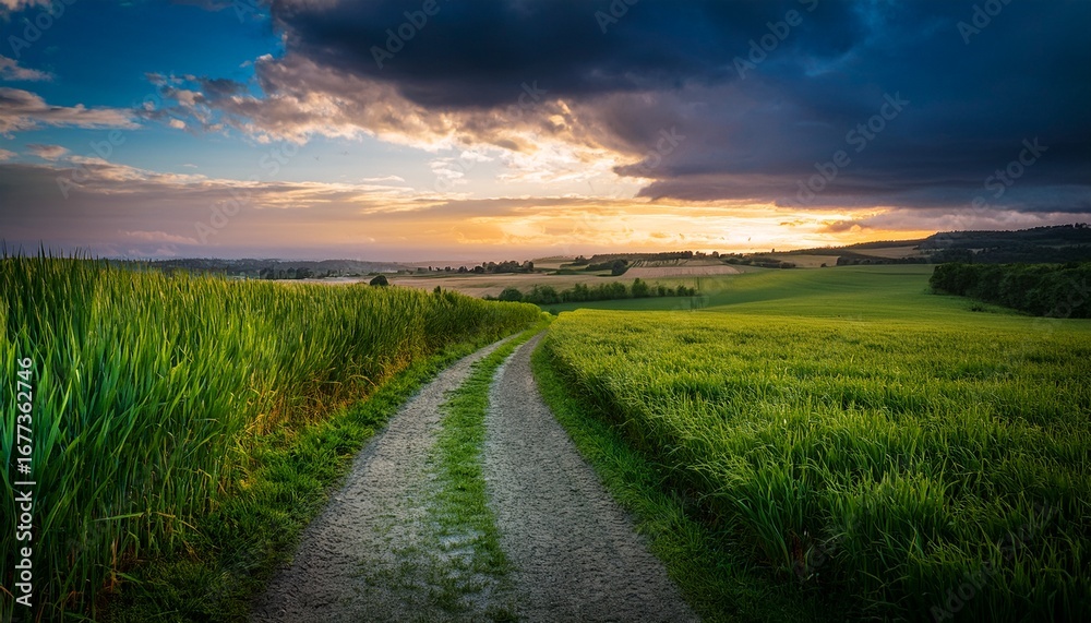 Obraz premium lush green grass and crops growing along a dirt path under a cloudy sky at dusk