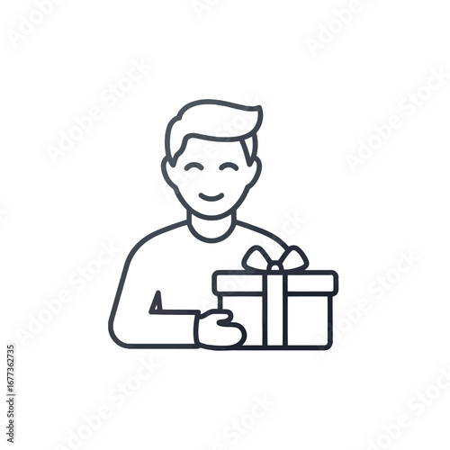 Photo of a smiling man holding a gift box with a bow, an icon