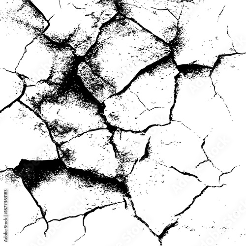 Distressed surface showing a network of cracks and fissures in a black and white abstract design style