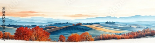 Stunning autumn landscape with vibrant colors and rolling hills under a serene sky