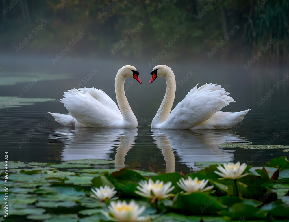 Naklejka premium Two elegant white swans forming a heart shape on a tranquil misty lake surrounded by water lilies