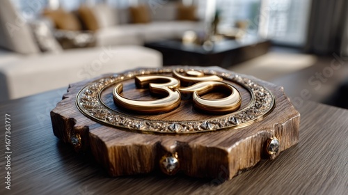 Ornate wooden plaque with a golden om symbol, detailed carvings, and decorative accents, displayed on a dark wooden surface.