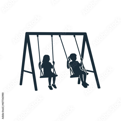 Photo of two children swinging on a playground swing set, silhouetted