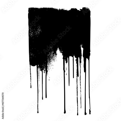 Black paint dripping down from a rectangular shape with a textured edge on a white background art piece