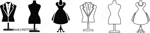 Black mannequin dress form icon set, tailoring dummy vector collection and fashion design tool group style, includes sewing torso, clothing display, garment stand