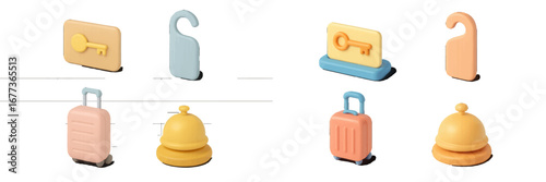 Colorful plastic hotel accessories arranged on a minimalist white background for creative play and decoration