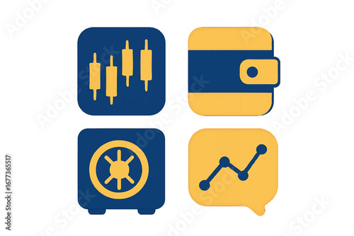 Symbols of financial management featuring candlestick chart, wallet, safe, and growth graph in a modern design