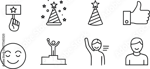 Celebration icons, approval, happiness, victory, rating, party, podium, thumbs up, greeting, emotion, star, smiling, waving, contentment, achievement, winner, confetti, user icon, joy, excitement