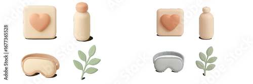 Creative design of wellness items featuring a heart shape, minimalist bottles, and soothing plant elements for relaxation and self-care