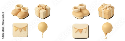 Baby booties and gift boxes with balloons in soft cream color for a festive celebration