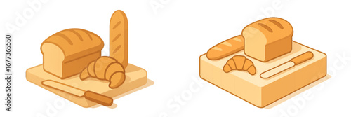 Freshly baked bread on wooden boards with assorted pastries and a knife displayed on a light background