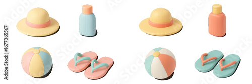 Colorful summer beach accessories arranged on a white background including a hat, bottles, balls, and sandals