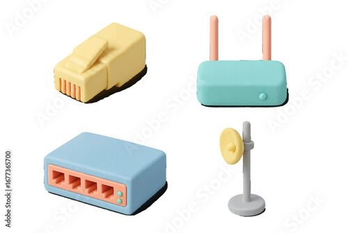 Colorful plastic network devices and connectors displayed on a white background with playful design and modern aesthetics