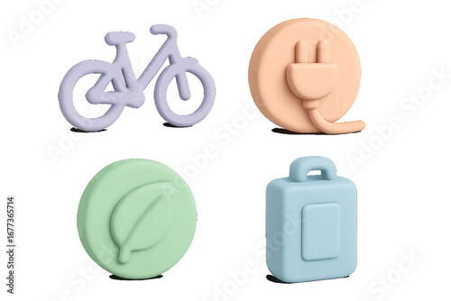 Colorful rubber icons representing eco-friendly concepts such as biking, energy, nature, and sustainability in a playful design