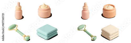 Artistic display of skincare products and accessories on a white background showcasing jars, droppers, and facial rollers for wellness routines