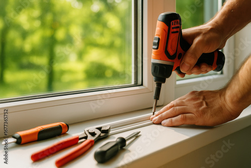 Wallpaper Mural Handyman installing a window frame with a cordless drill, using various tools on a bright day by a sunlit indoor workspace Torontodigital.ca