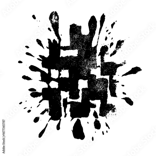 A black ink blot with a cross shape and splatters on a white background creating an abstract design effect