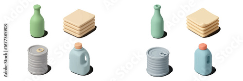 Colorful collection of kitchen items including bottles, containers, and dishware arranged neatly on a white background