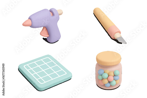 Crafting tools display with glue gun, cutting tool, grid mat, and colorful beads in pastel colors for creative projects