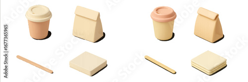 Creative display of paper packaging items for beverages and snacks arranged neatly on a white background highlighting their unique designs