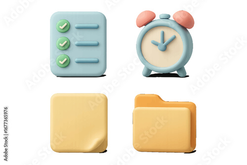 Colorful 3D icons of checklist, alarm clock, sticky note, and folder arranged in a creative layout on a white background