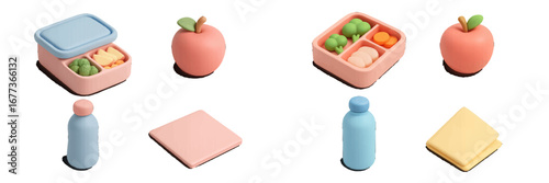 Brightly colored food containers and fruit arranged on a white background for a playful mealtime display
