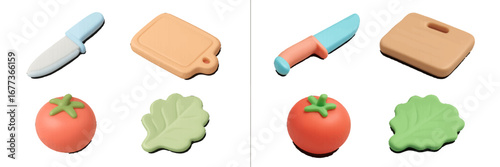 Colorful kitchen play set featuring knife, cutting board, and vegetable pieces for imaginative cooking fun