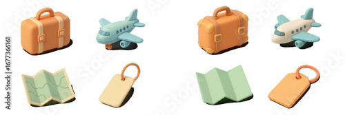 Travel accessories including colorful suitcases, airplanes, and travel maps designed for imaginative playtime adventures in a studio setting