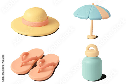 Summer beach essentials including a sun hat, umbrella, flip flops, and water bottle for a sunny day at the shore