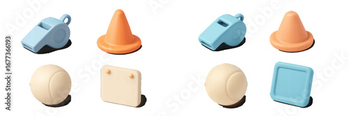 Colorful assortment of plastic training tools for sports activities displayed on a white background