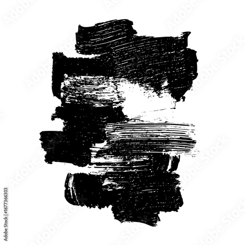 Abstract black brushstrokes stacked vertically on a white background creating a textured composition design