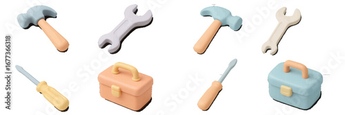 Collection of colorful toy tools on a white background for play and learning