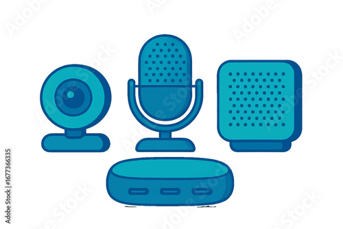 Various audio and video equipment displayed on a white background, showcasing different designs and functionalities
