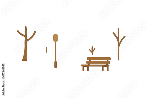 Minimalist park scene with trees, a bench, and a lamp post during daylight hours in a serene urban space
