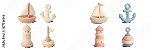 Colorful nautical-themed toys for children in varying shapes and sizes displayed on a white background