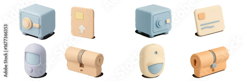 Colorful collection of minimalist 3D shapes representing various everyday objects set against a white background