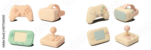 Colorful children's toy game controllers displayed on a soft background, showcasing various designs and shapes for interactive play