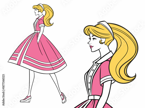 Trendy Fashion IllustratioA stylized, colorful illustration of a girl in 1980s fashion.n of a Girl in 80s Style. 